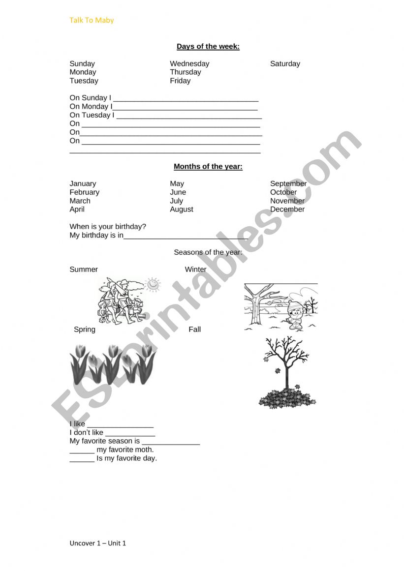 Days of the Week and Month worksheet