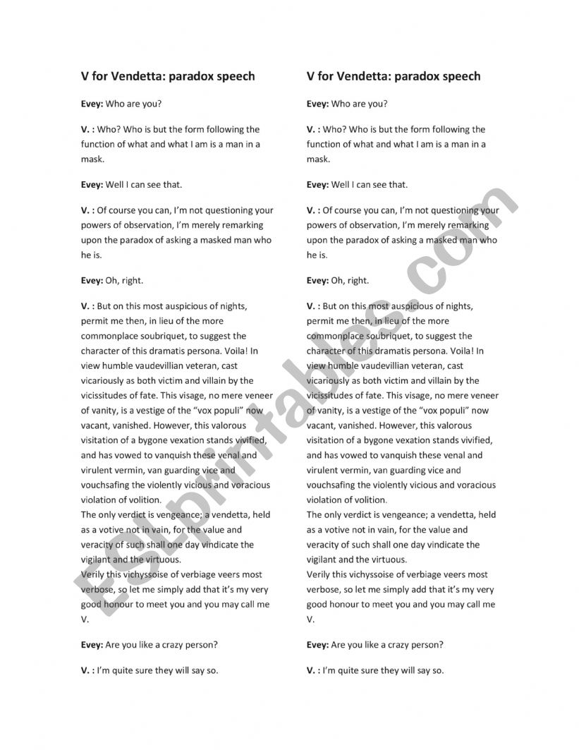 V for Vendetta - Intro speech worksheet