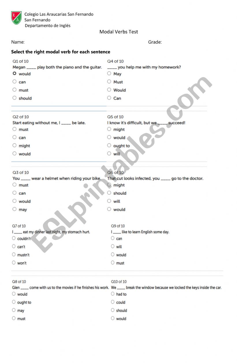 Modal Verbs Test worksheet