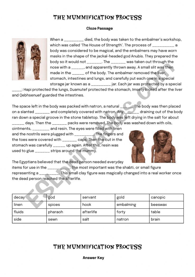 Mummification Process Cloze Passage