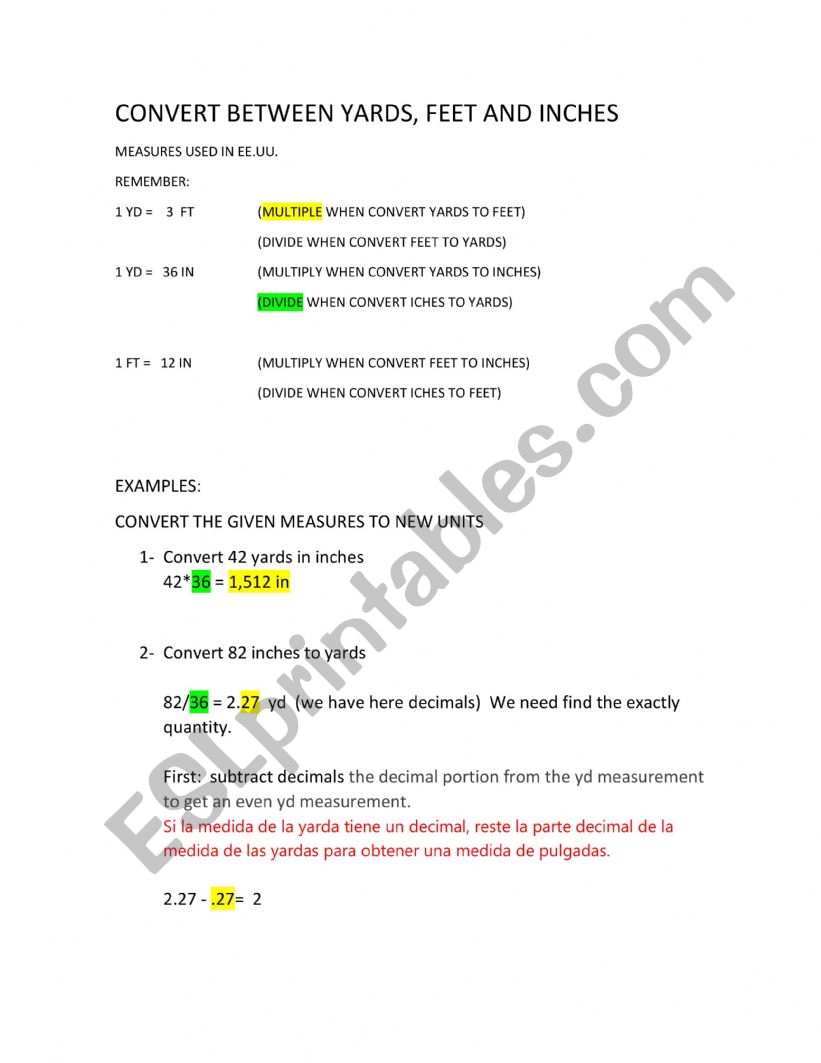 Yards and Meters worksheet