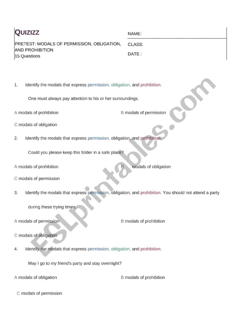 MODALS PRETEST worksheet