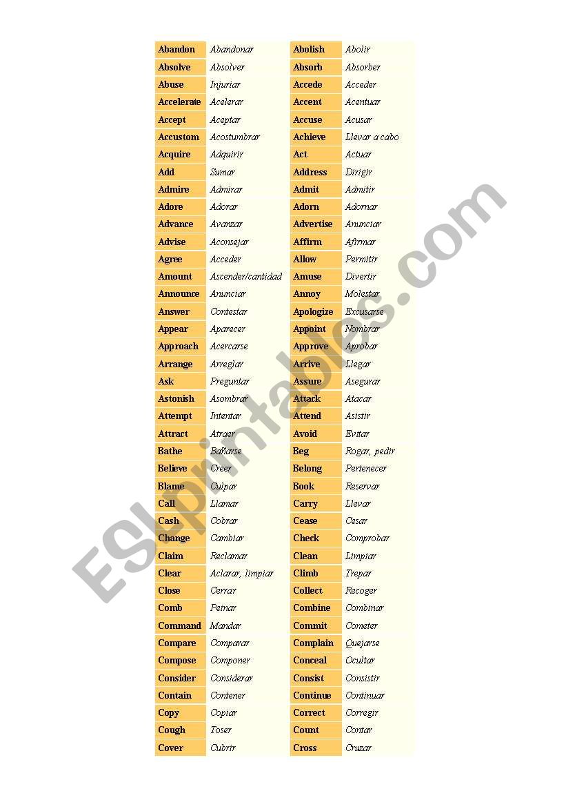 Regular Verbs list worksheet