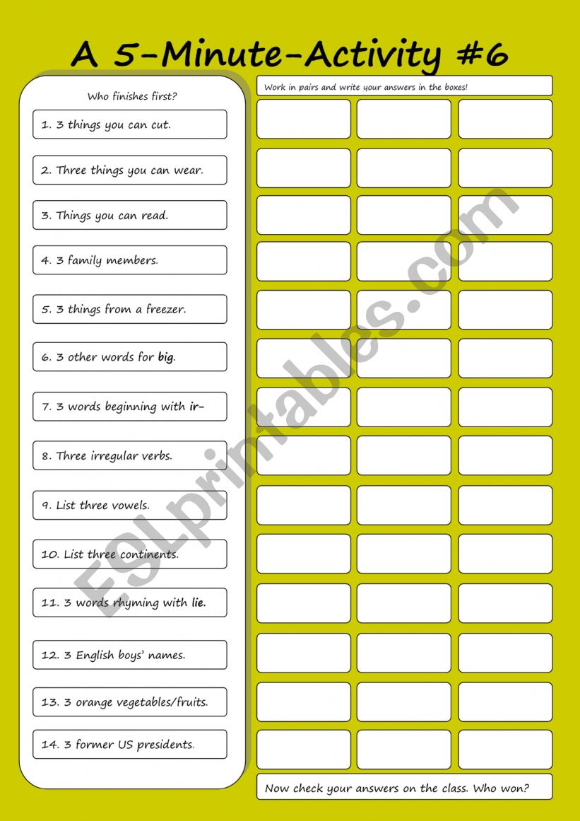 5 minutes activities worksheet