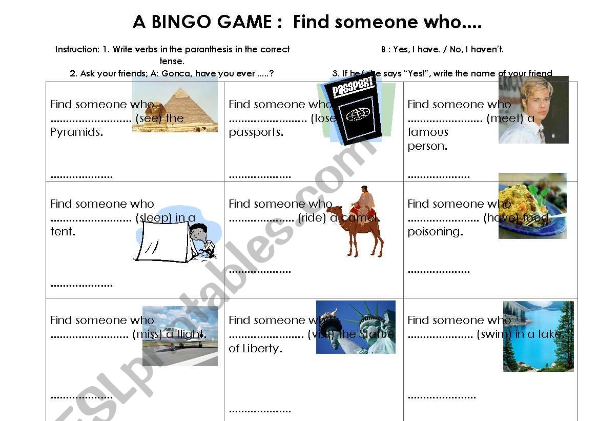 Present perfect- bingo game worksheet