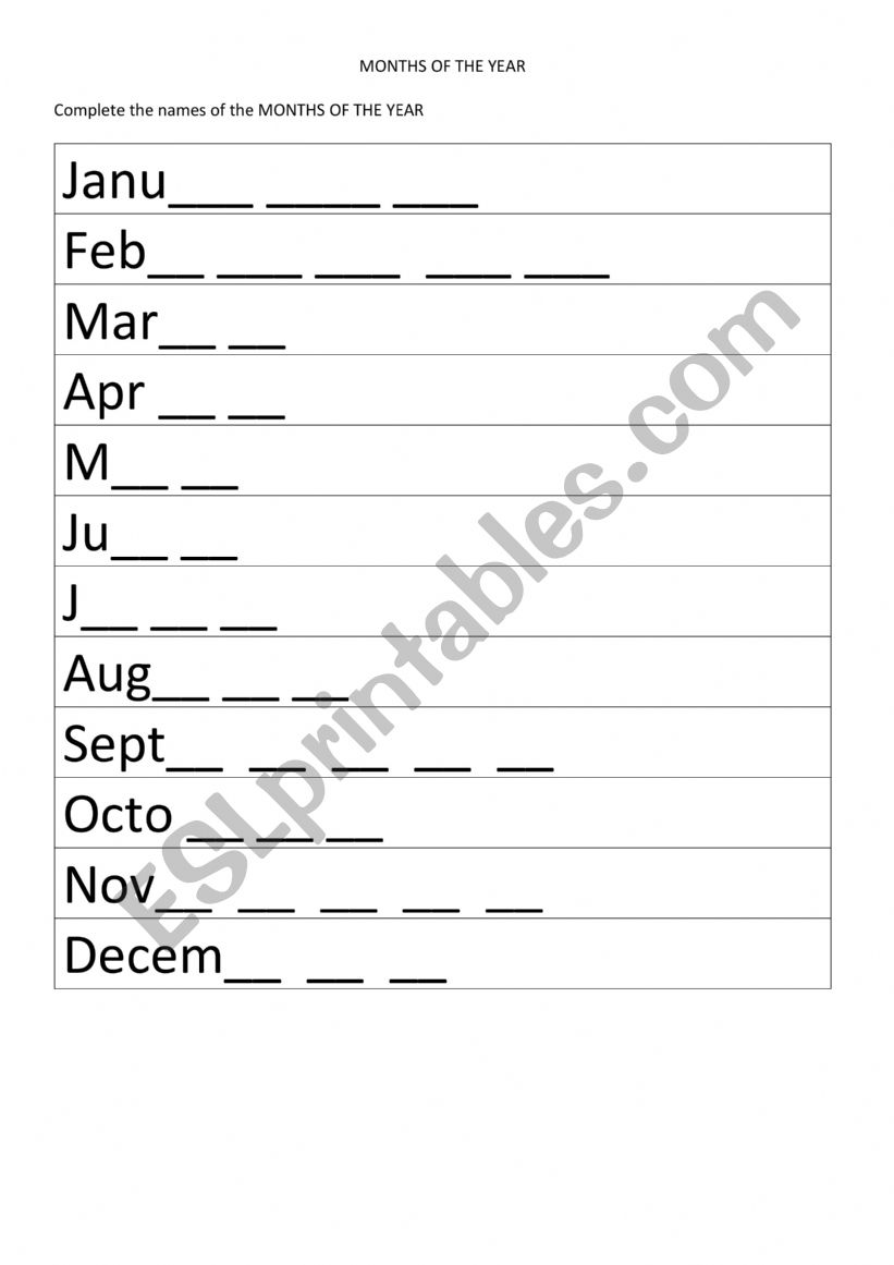 MONTHS OF THE YEAR worksheet