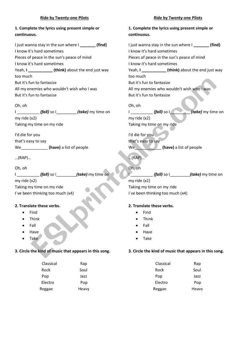 Ride by twenty one pioots worksheet