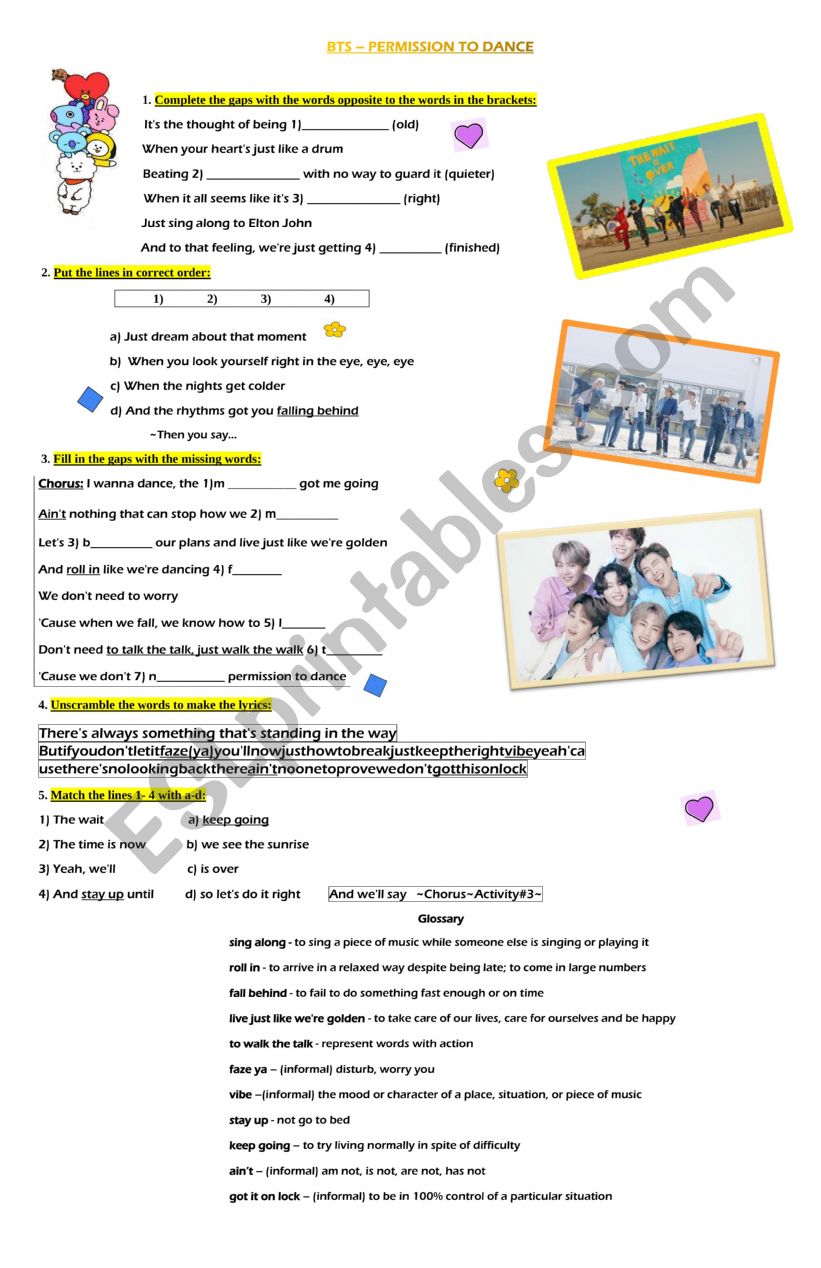 BTS Permission to Dance worksheet