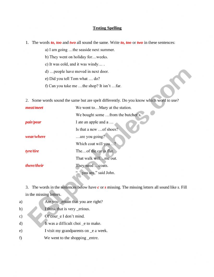 Testing spelling worksheet