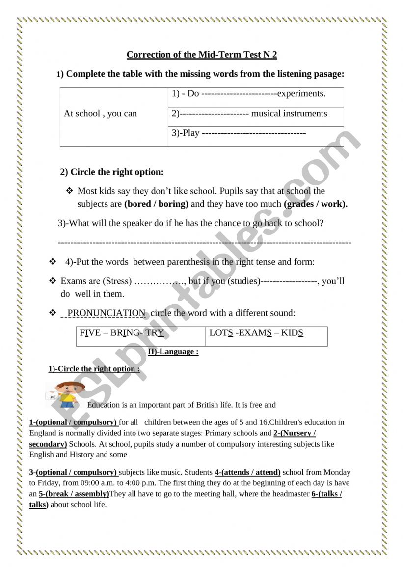 correction of the test  worksheet