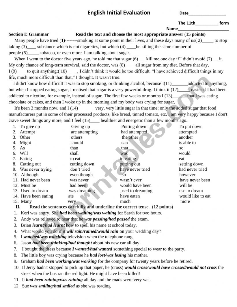 Diagnostic test 11th grade worksheet