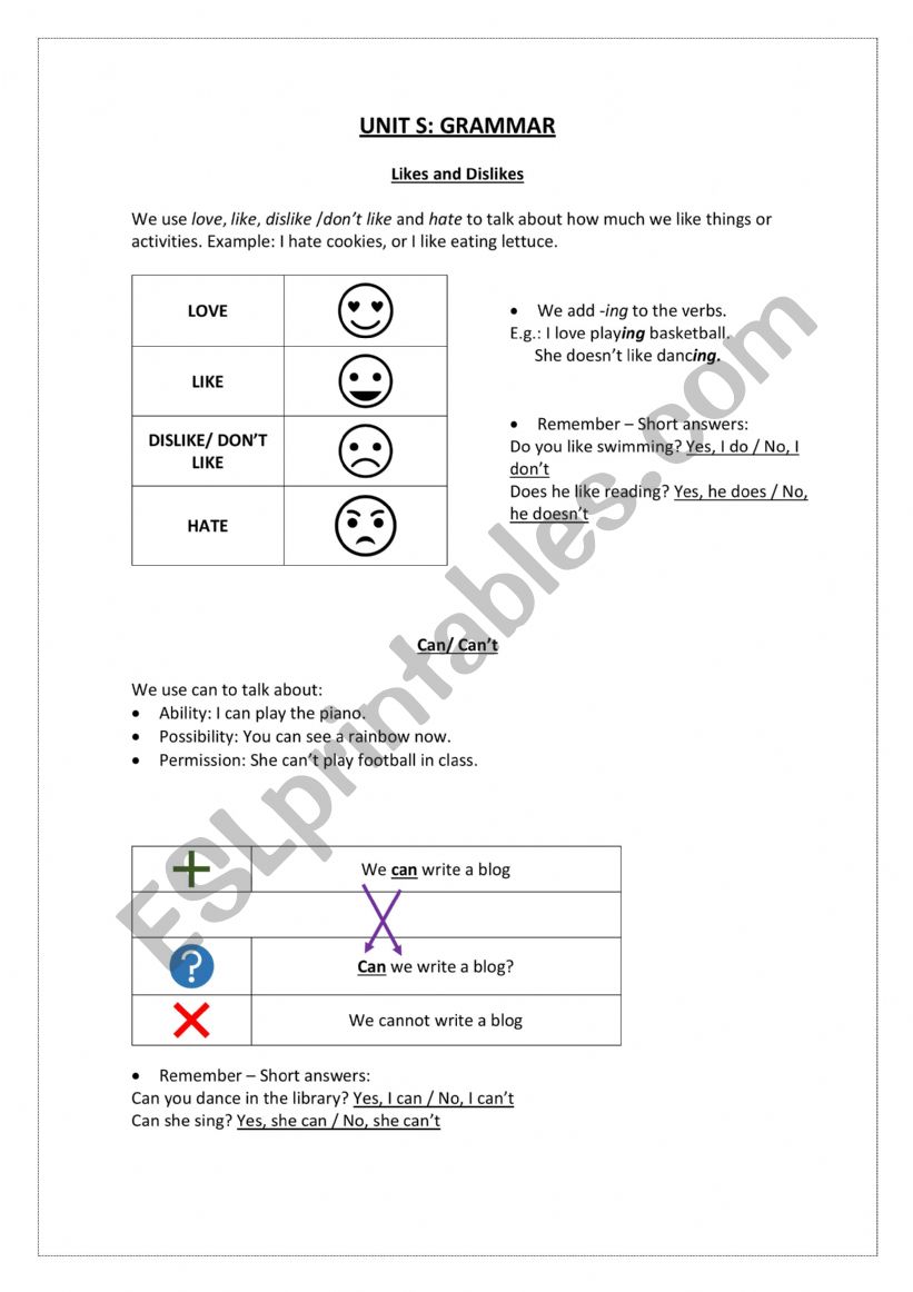 can/cant like/dislike worksheet