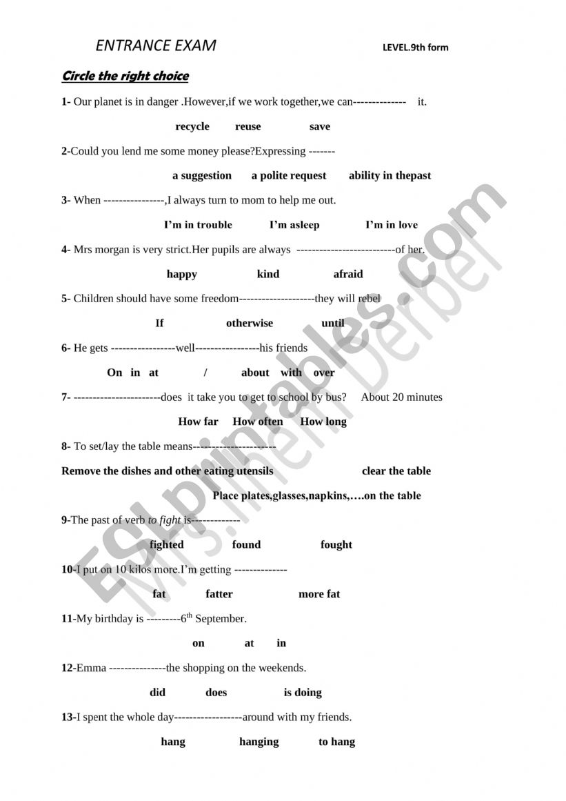 ENTRANCE EXAM worksheet