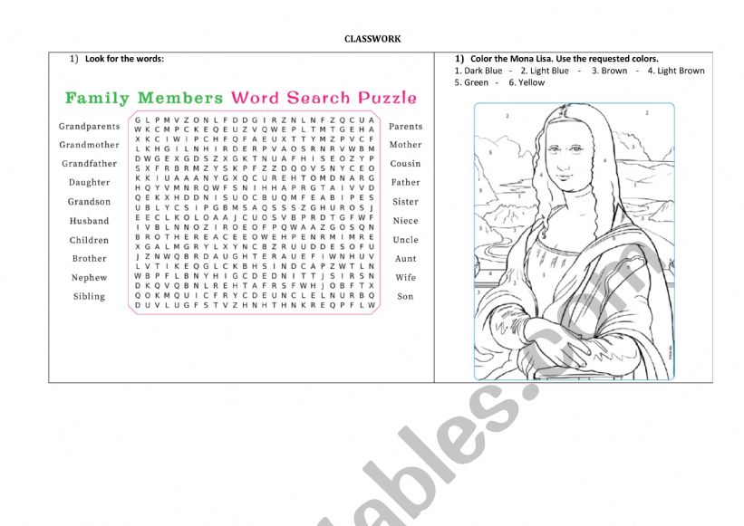 Word search family members worksheet