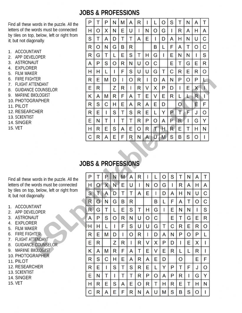 professions puzzle worksheet