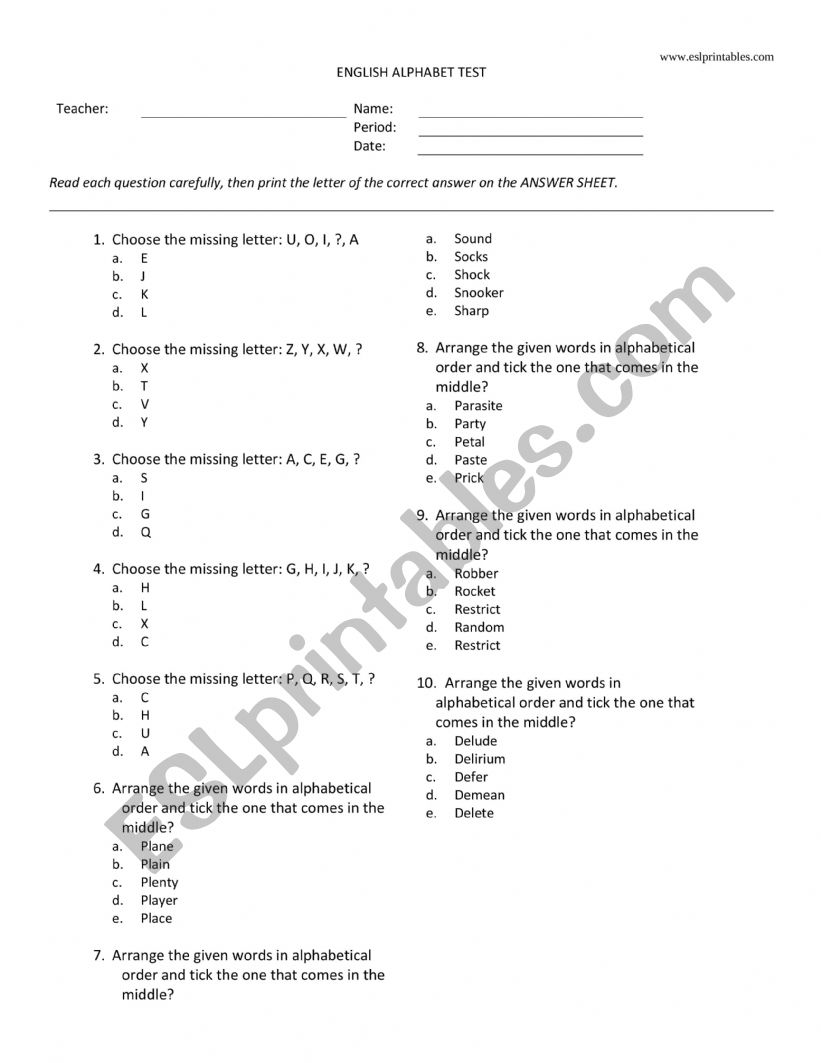 Alpahbetical Order Test worksheet