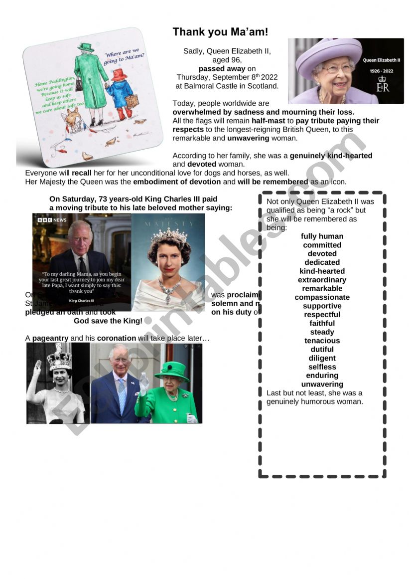 Queen Elizabeth II�s death worksheet