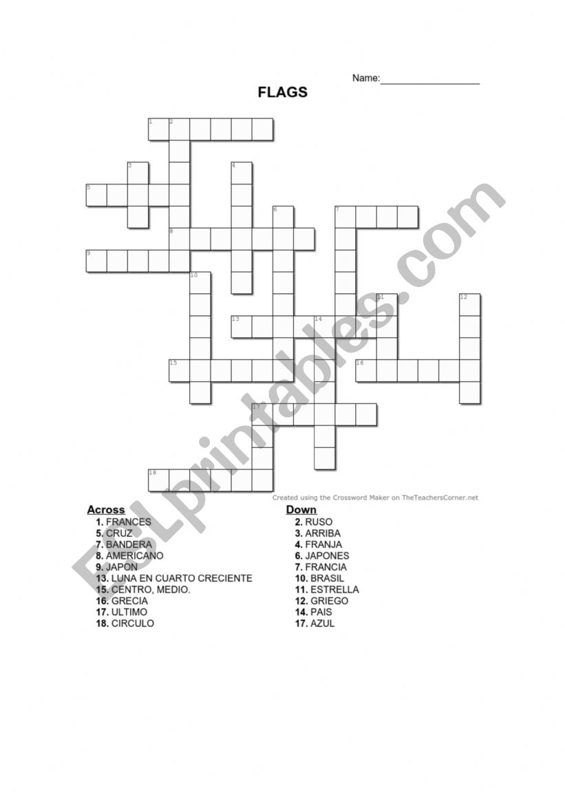 CROSSWORD : FLAGS, COUNTRIES AND NATIONALITIES