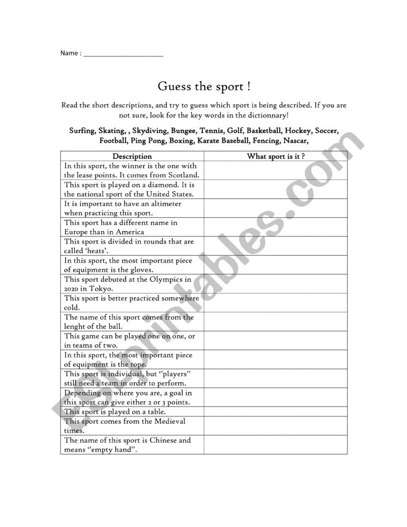 Guess the sport activity  worksheet