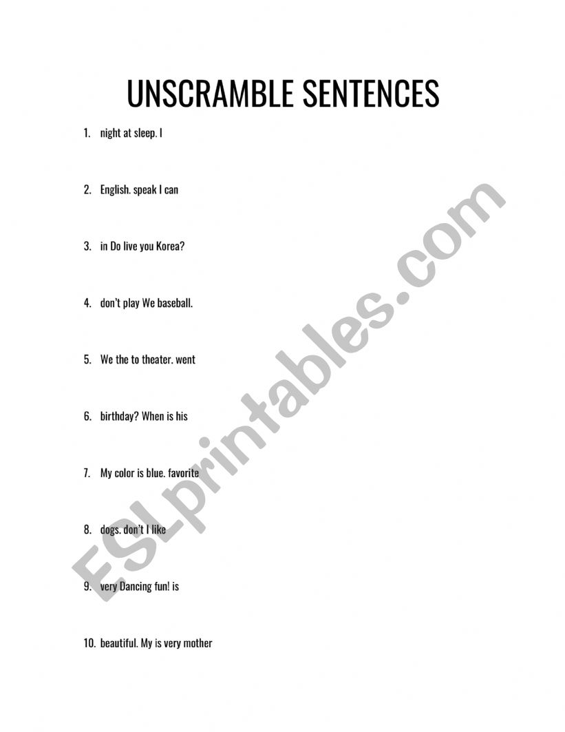  Sentence Unscramble worksheet