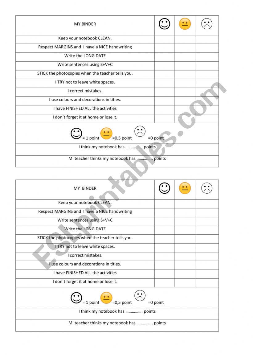 My notebook checklist worksheet