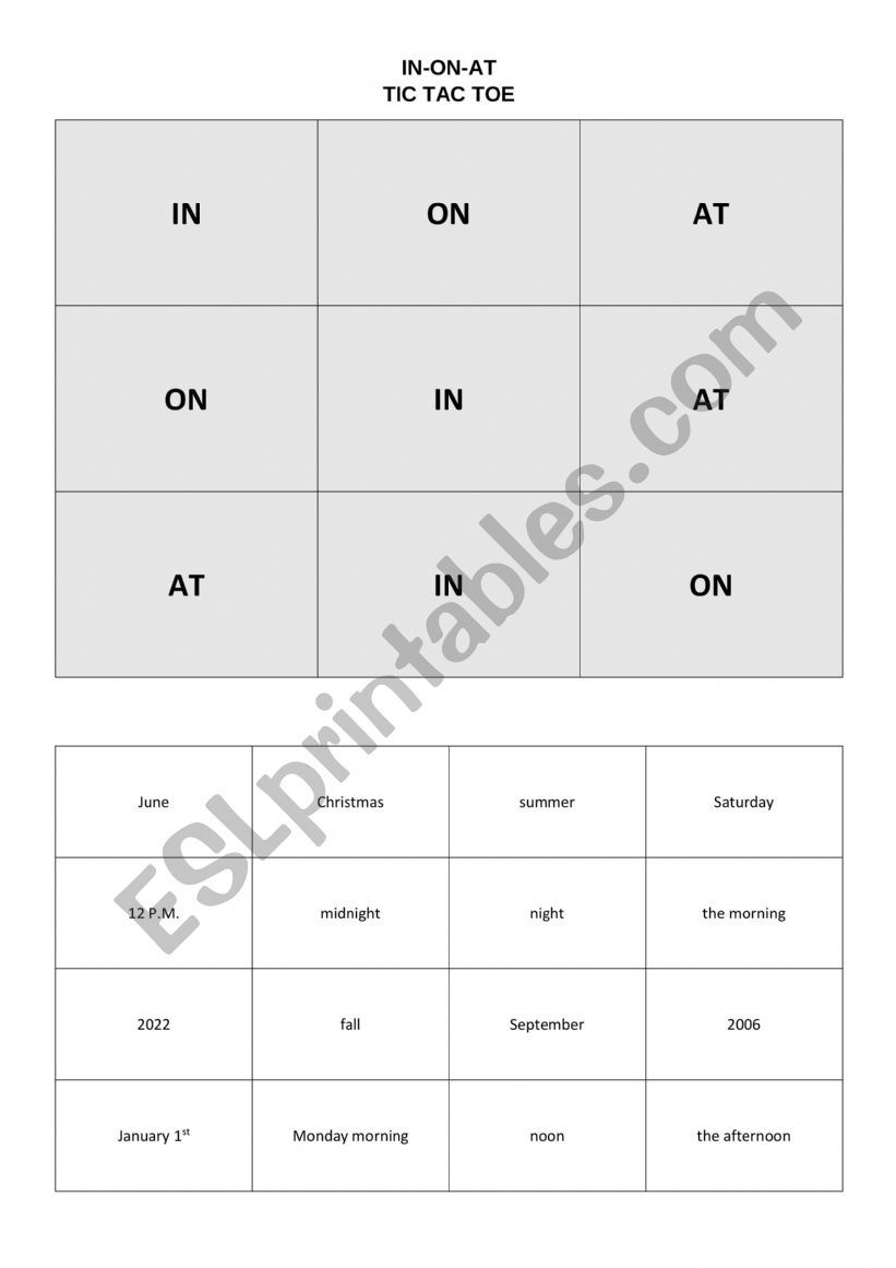 In - On - At Tic-tac-toe game worksheet