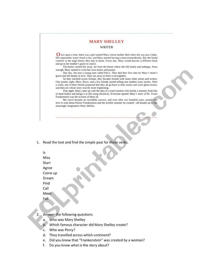 Mary Shelley worksheet