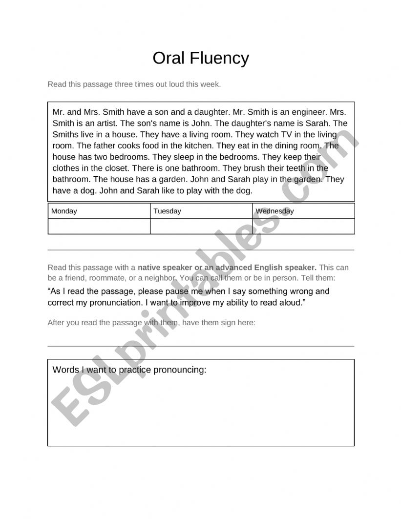 Weekly Oral Fluency Practice Worksheet