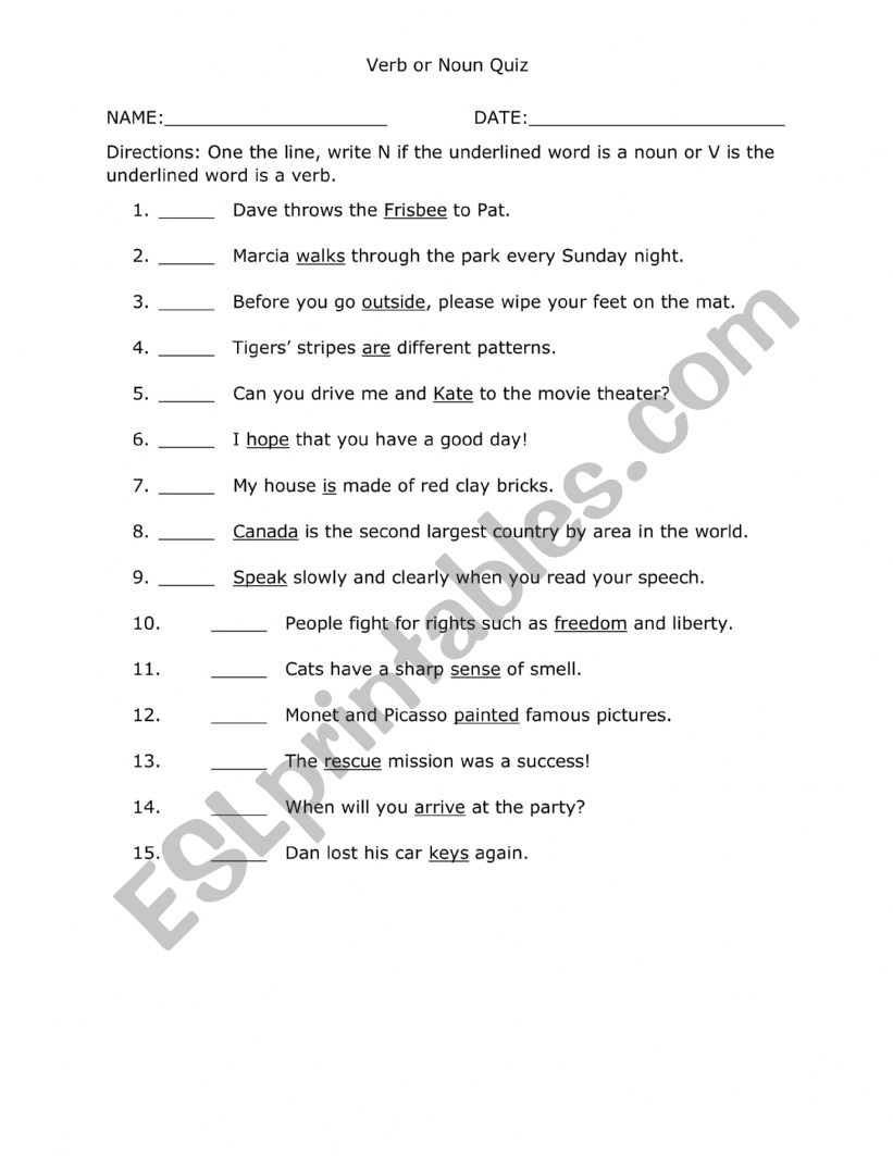 Verb or Noun Quiz worksheet