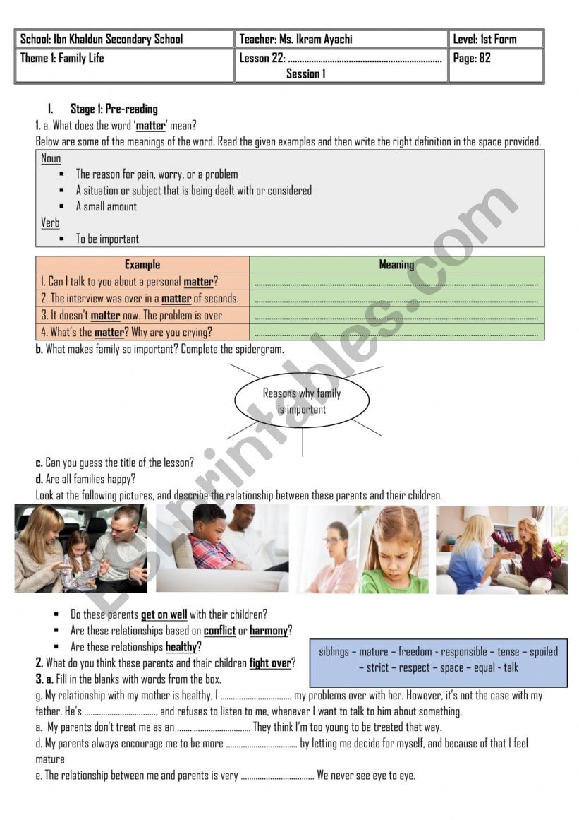 1st Form - Lesson n° 22 - Family Matters - ESL worksheet by English ...