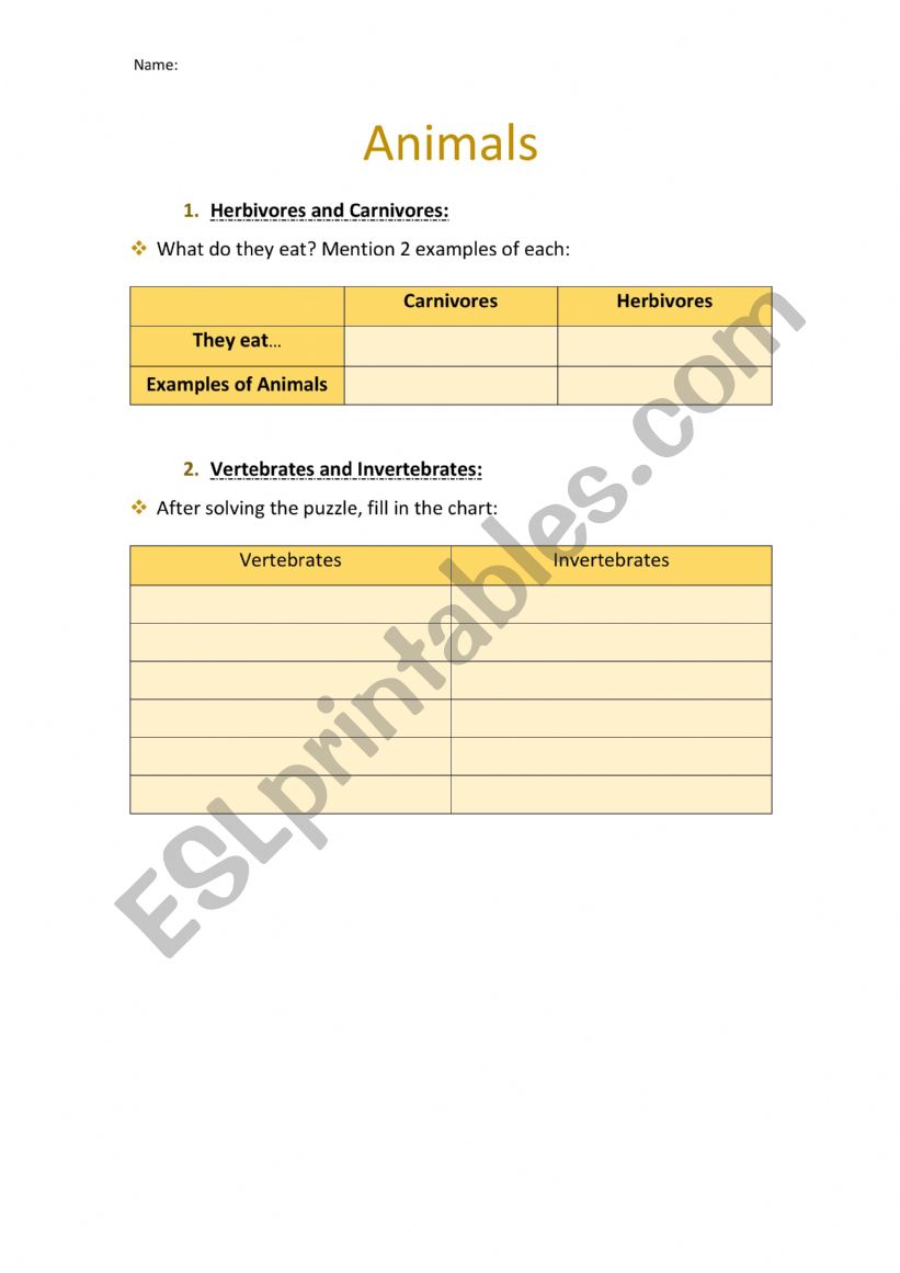 ANIMALS worksheet