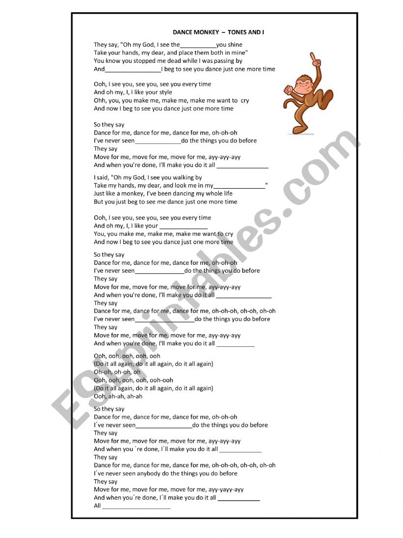 Dance Monkey  Tones and I worksheet