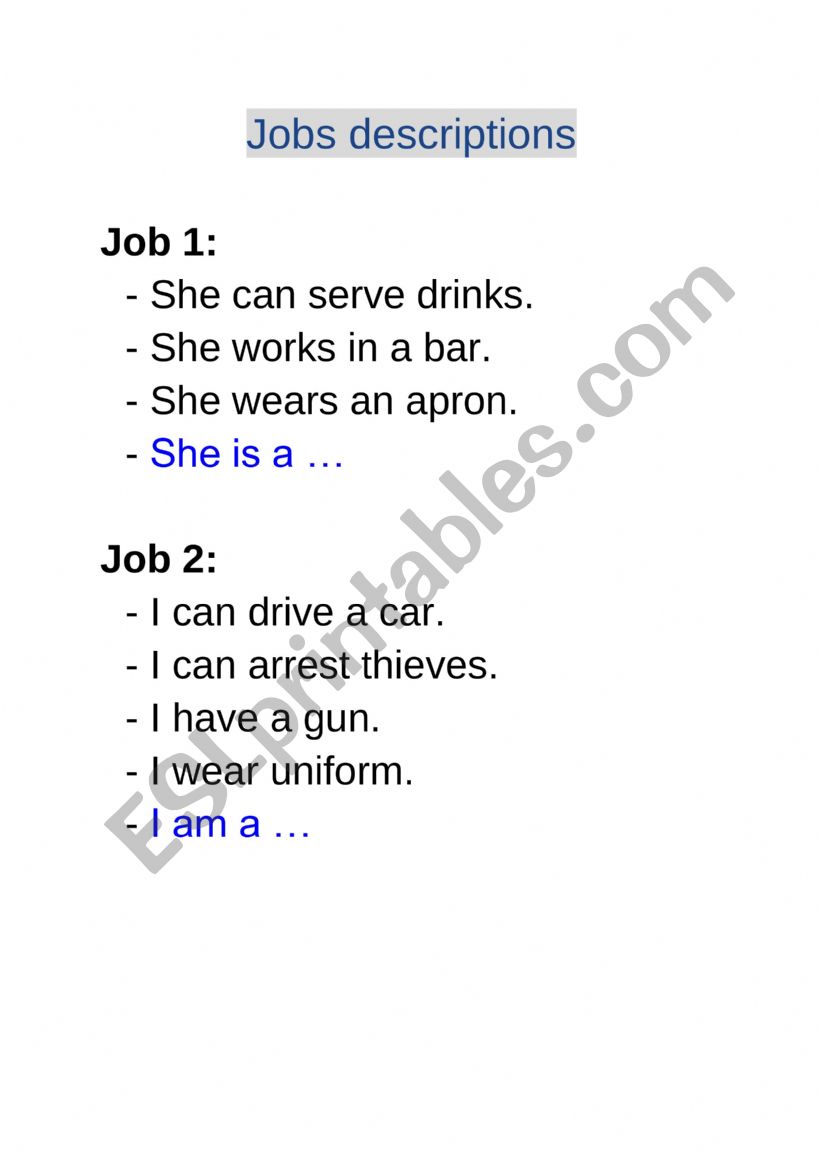 Describing jobs worksheet