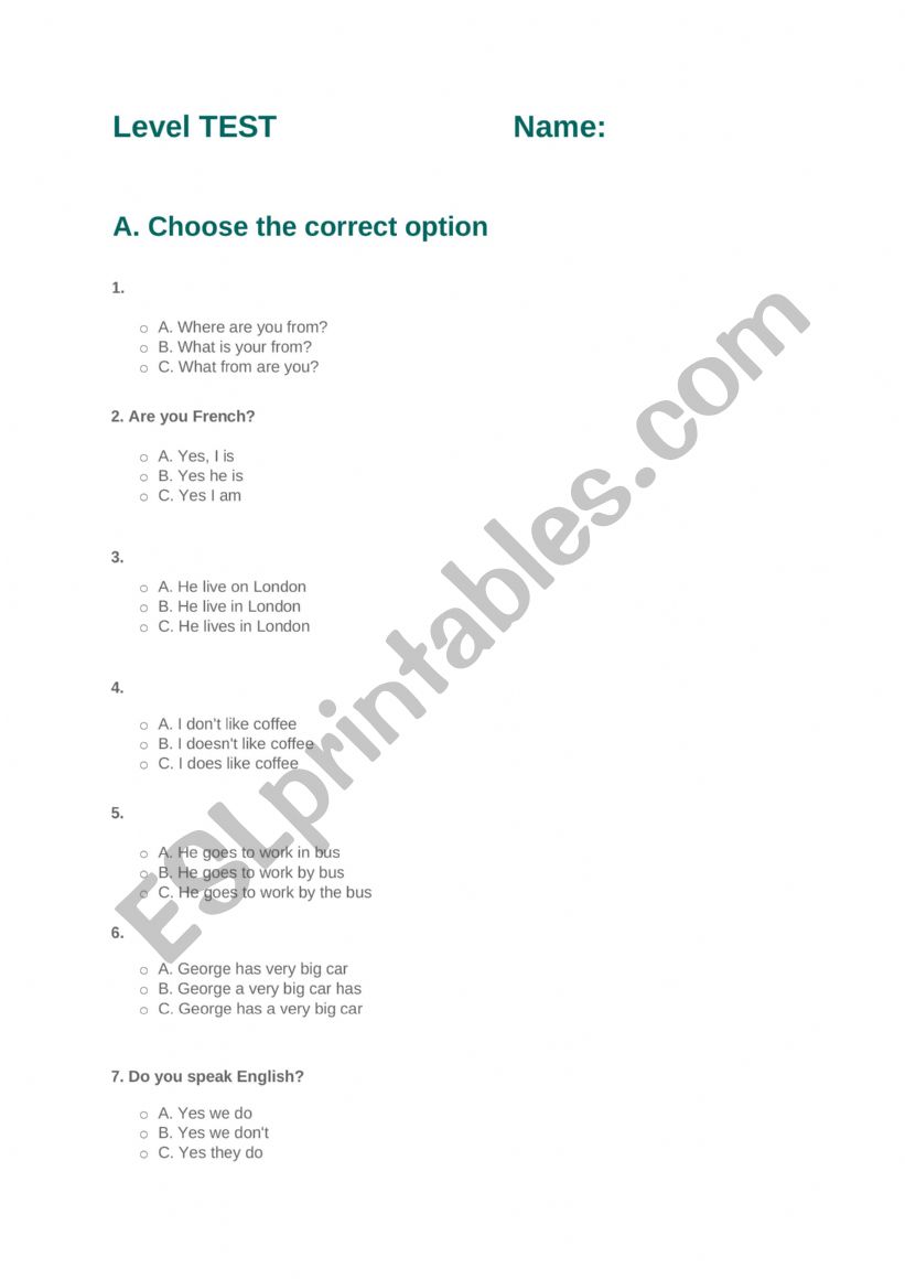 Level test worksheet