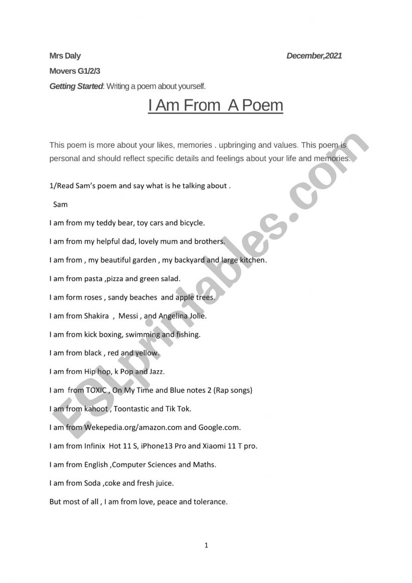 Ice- braker: I Am From A Poem 