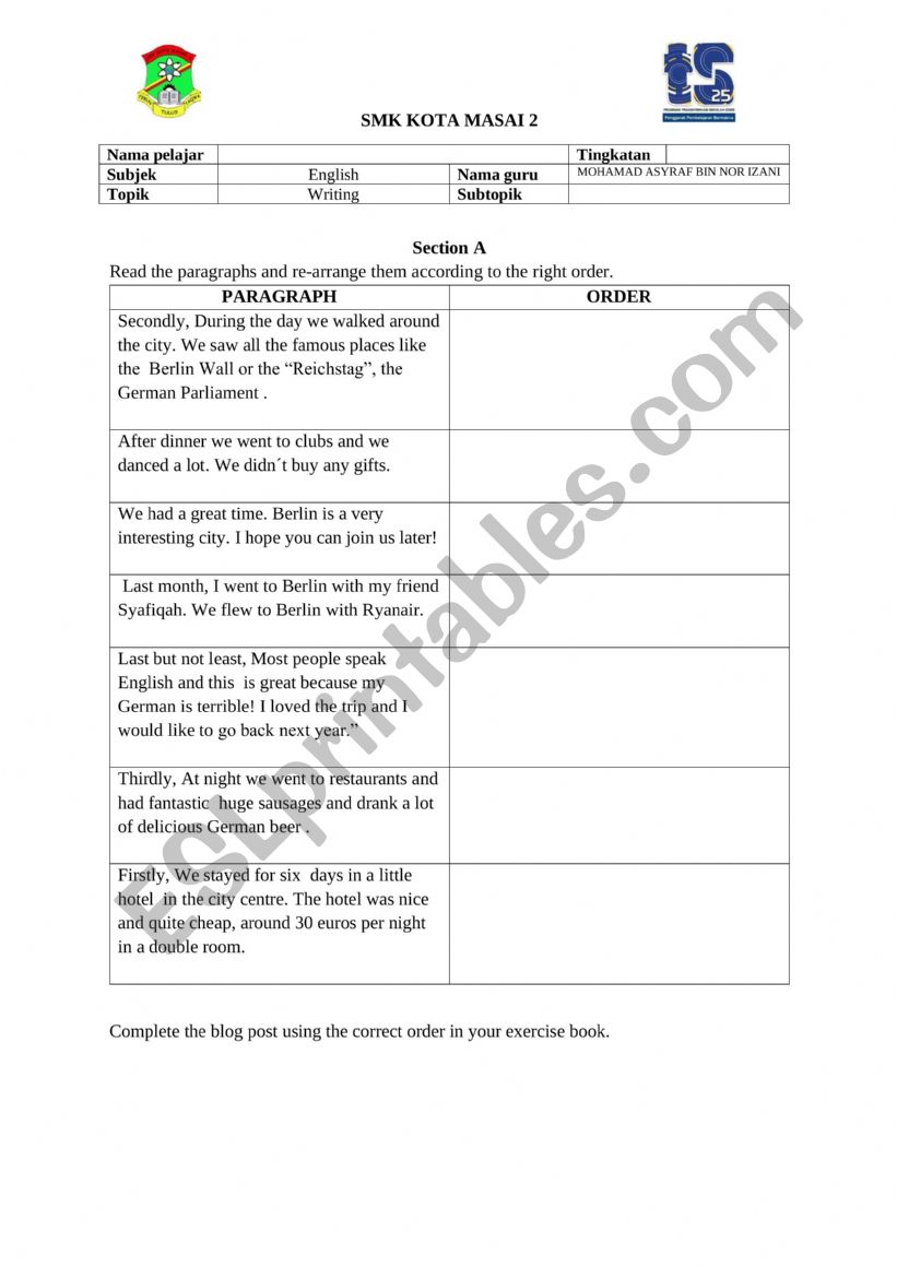 Holiday Writing Essay worksheet