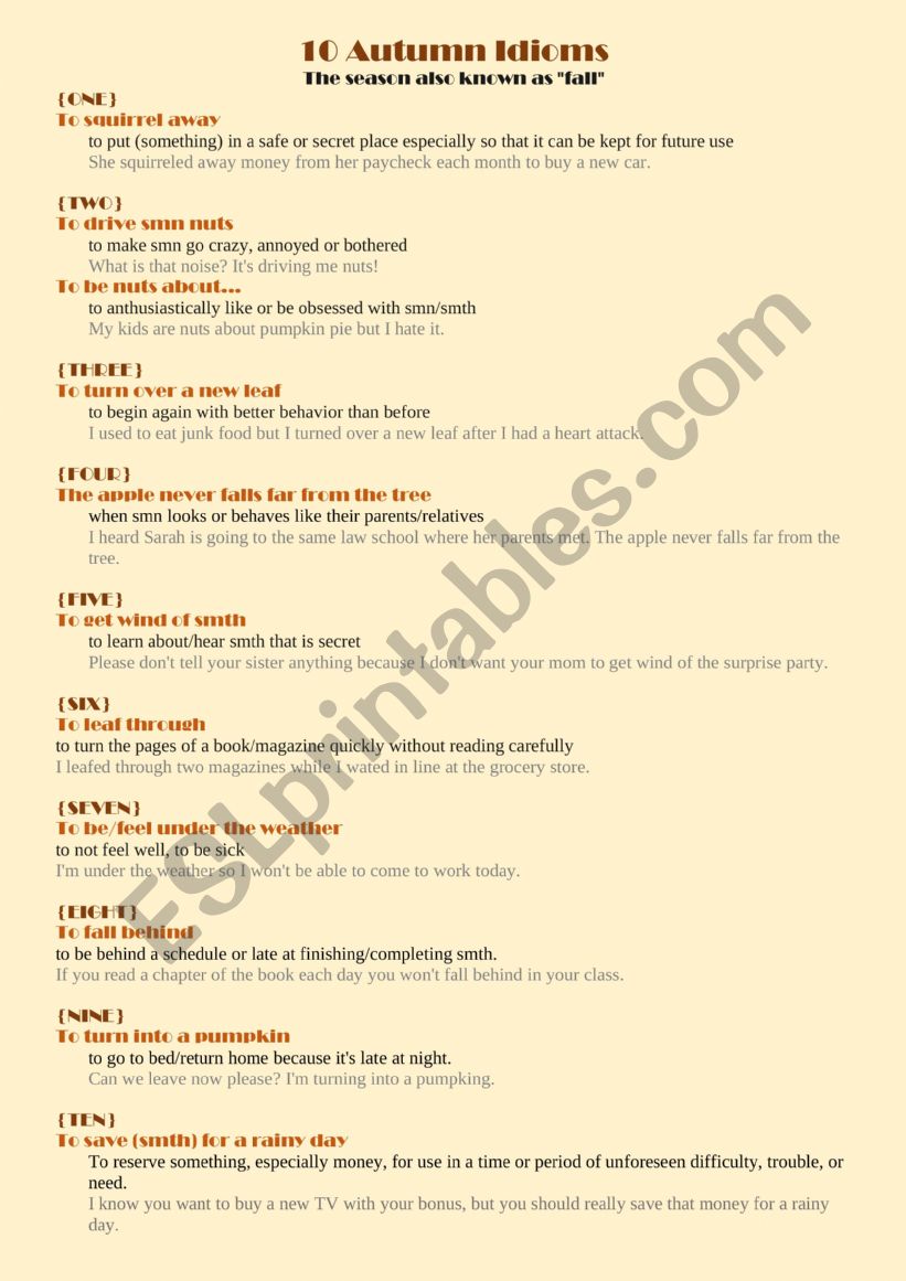 10 AUTUMN IDIOMS worksheet