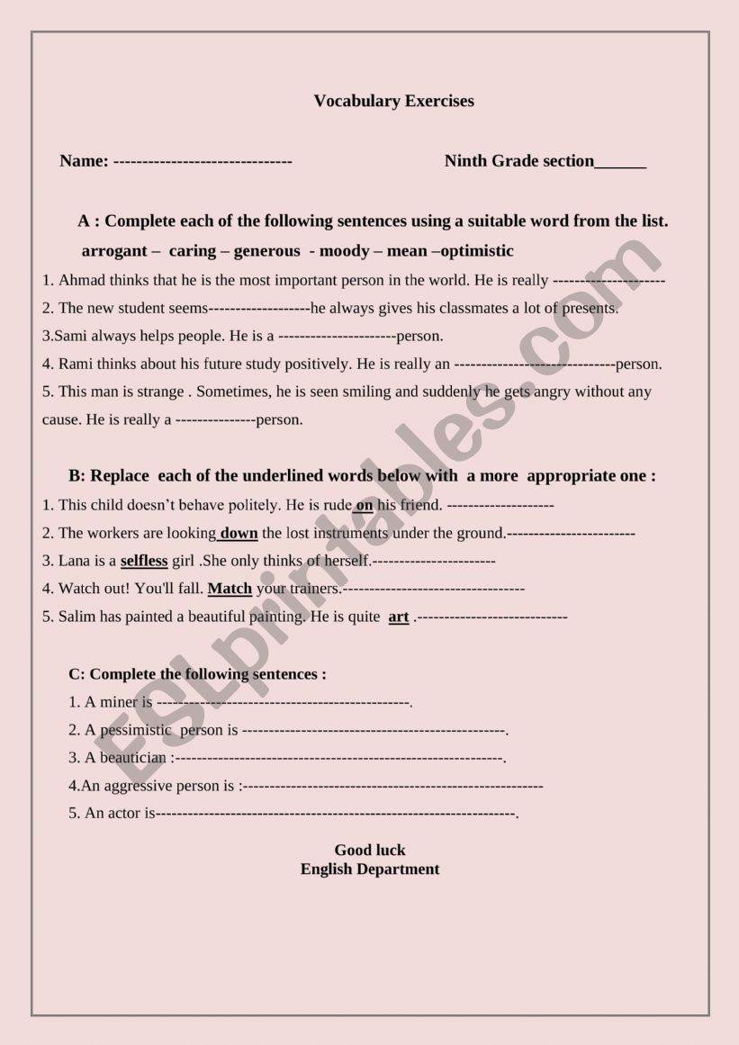 Vocabulary Exercise ESL Worksheet By KHAWLA ALZIOD