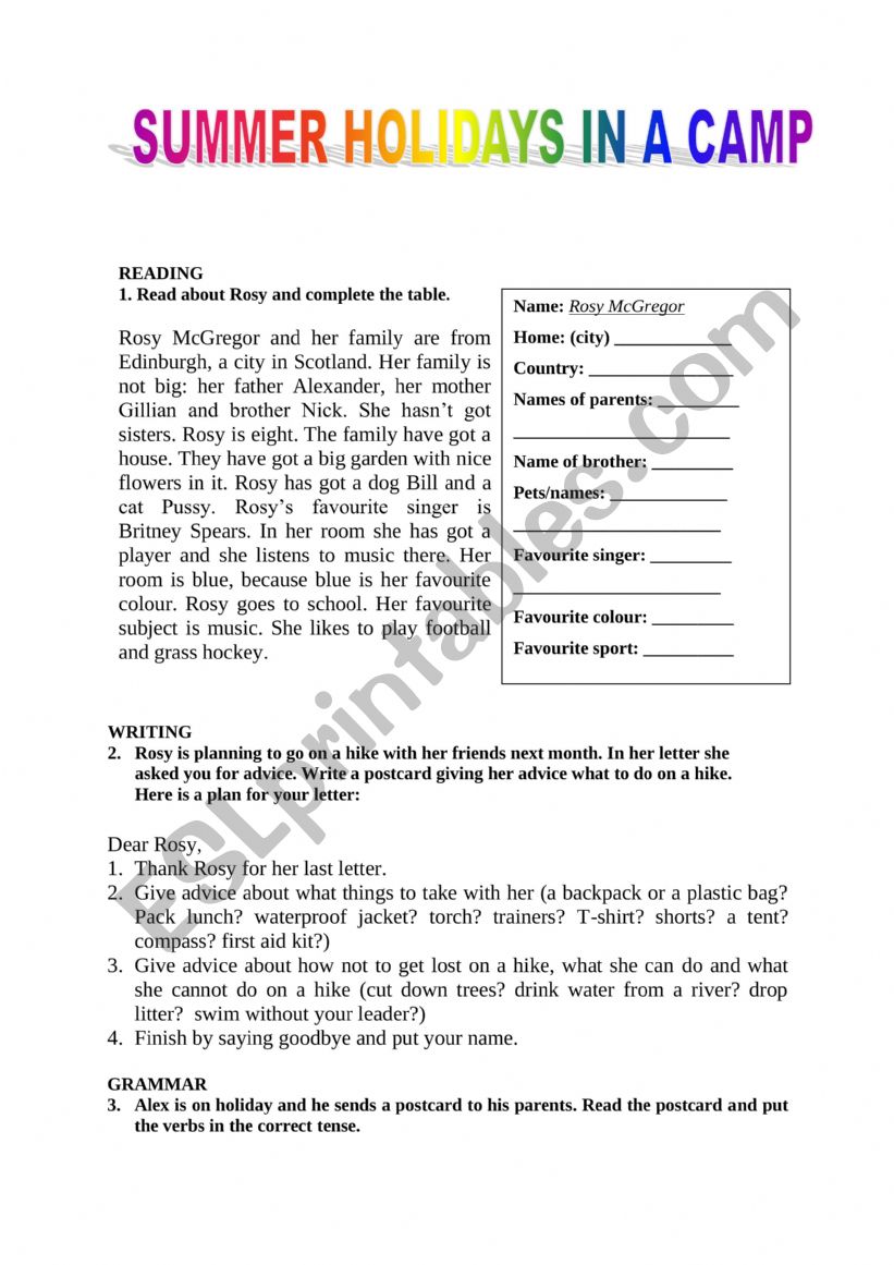 Summer holiday in a camp worksheet