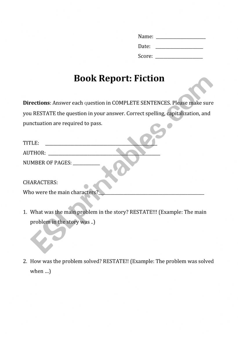 book report worksheet
