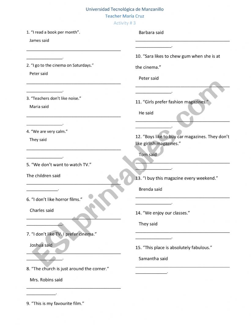 Indirect Speech worksheet