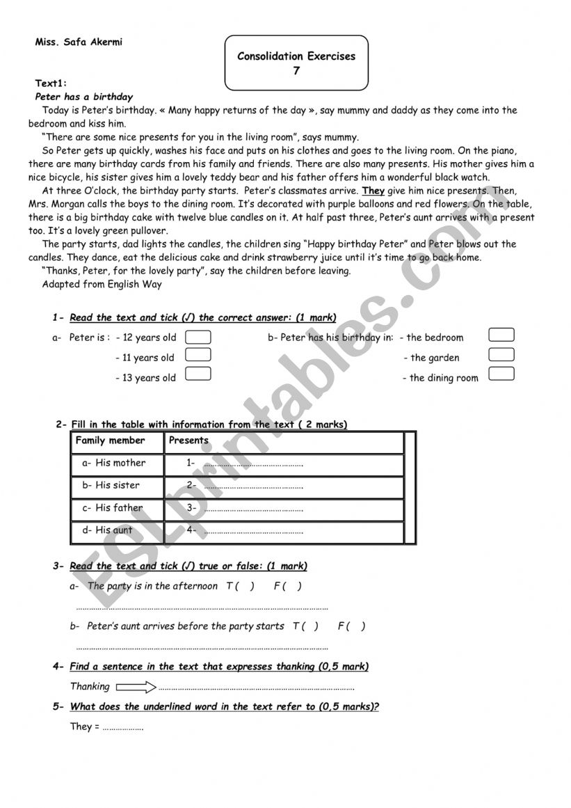 Reading exercises 7th form worksheet