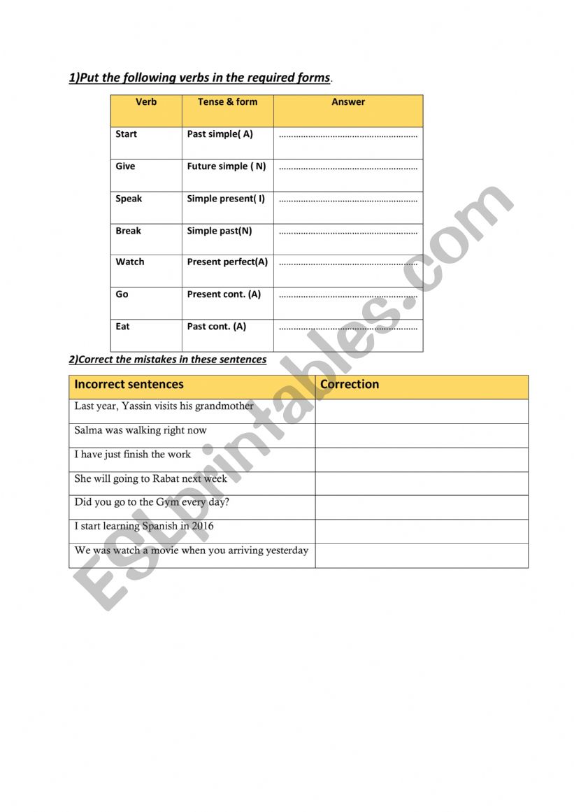 Review of tenses worksheet