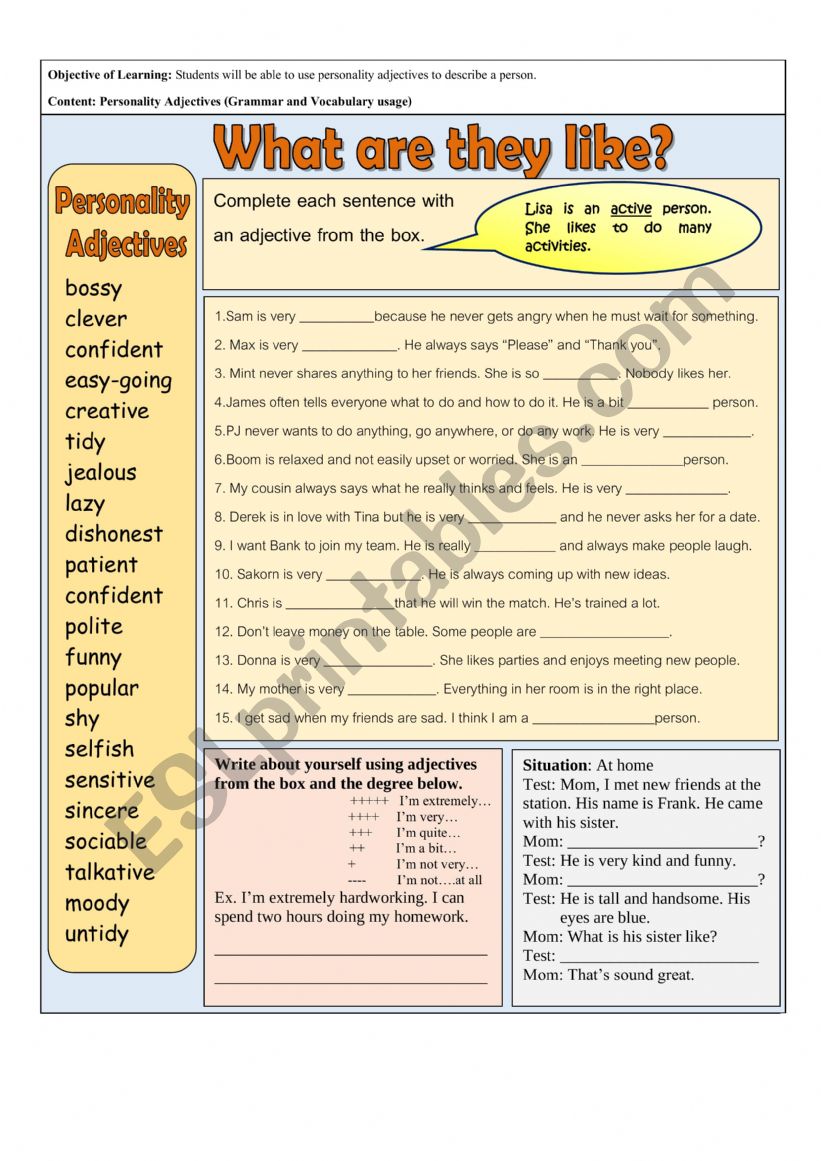 Personality Adjectives ESL Worksheet By Tipawandumruk88