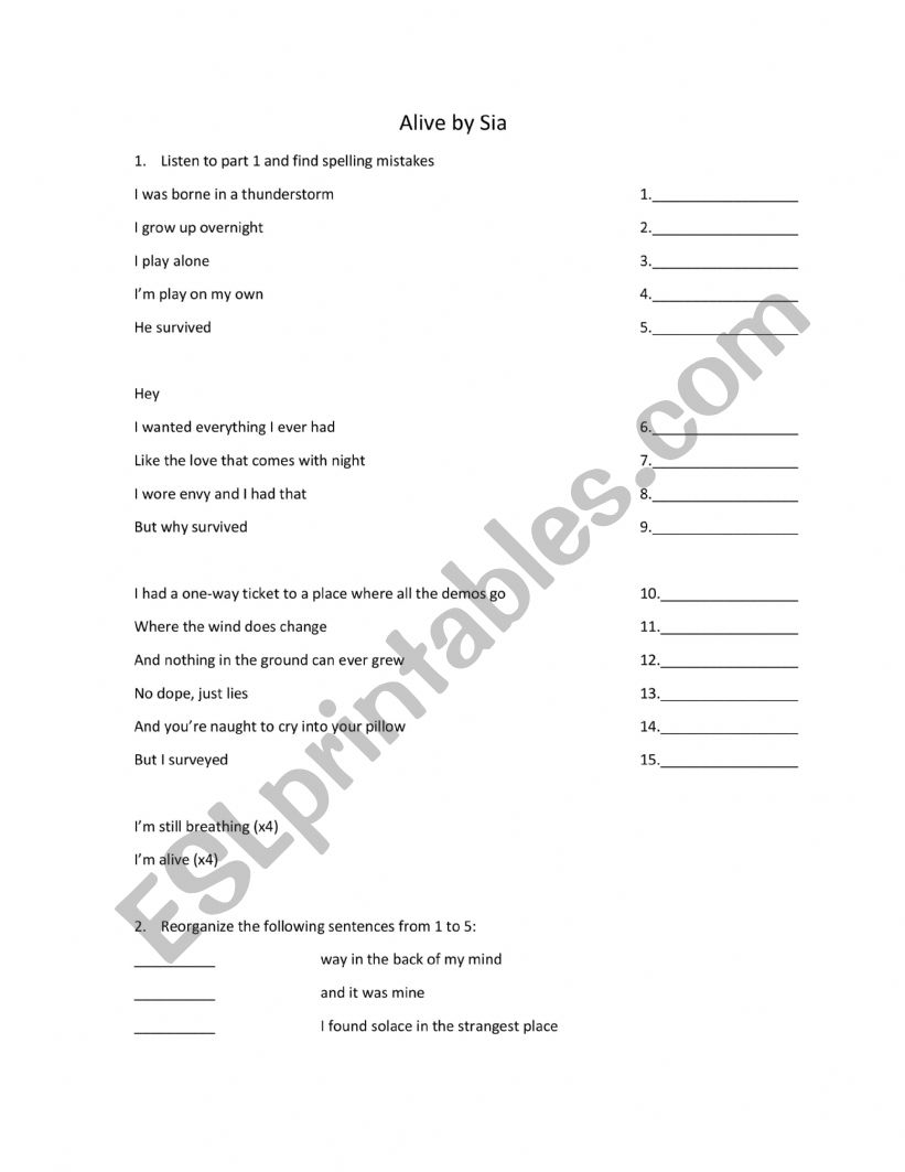 Alive by Sia worksheet