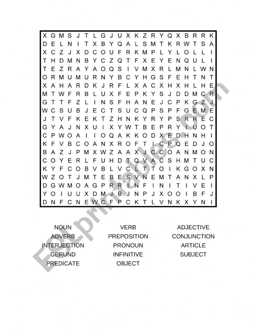 Parts of Speech Word Search Puzzle