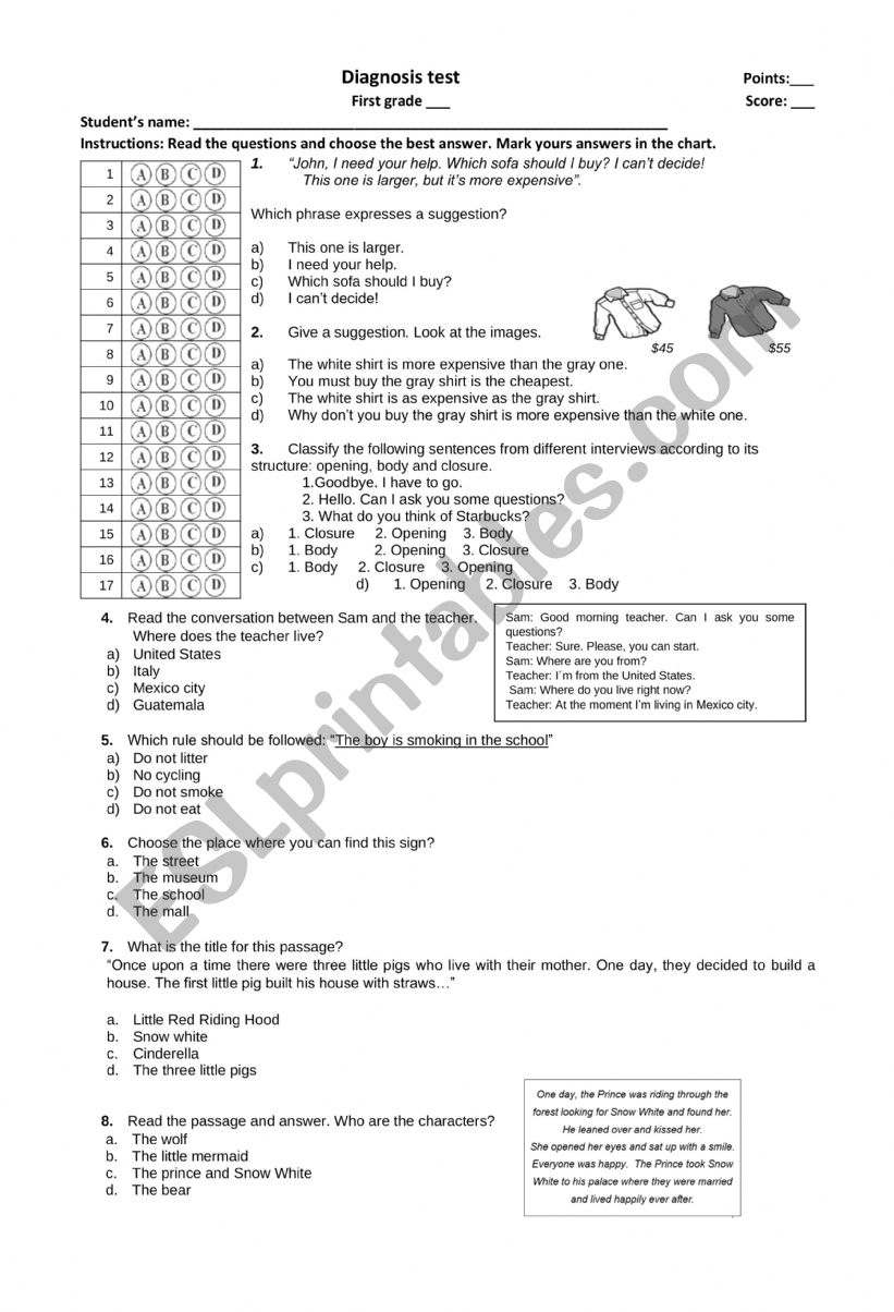 Diagnosis test First grade Secondary School