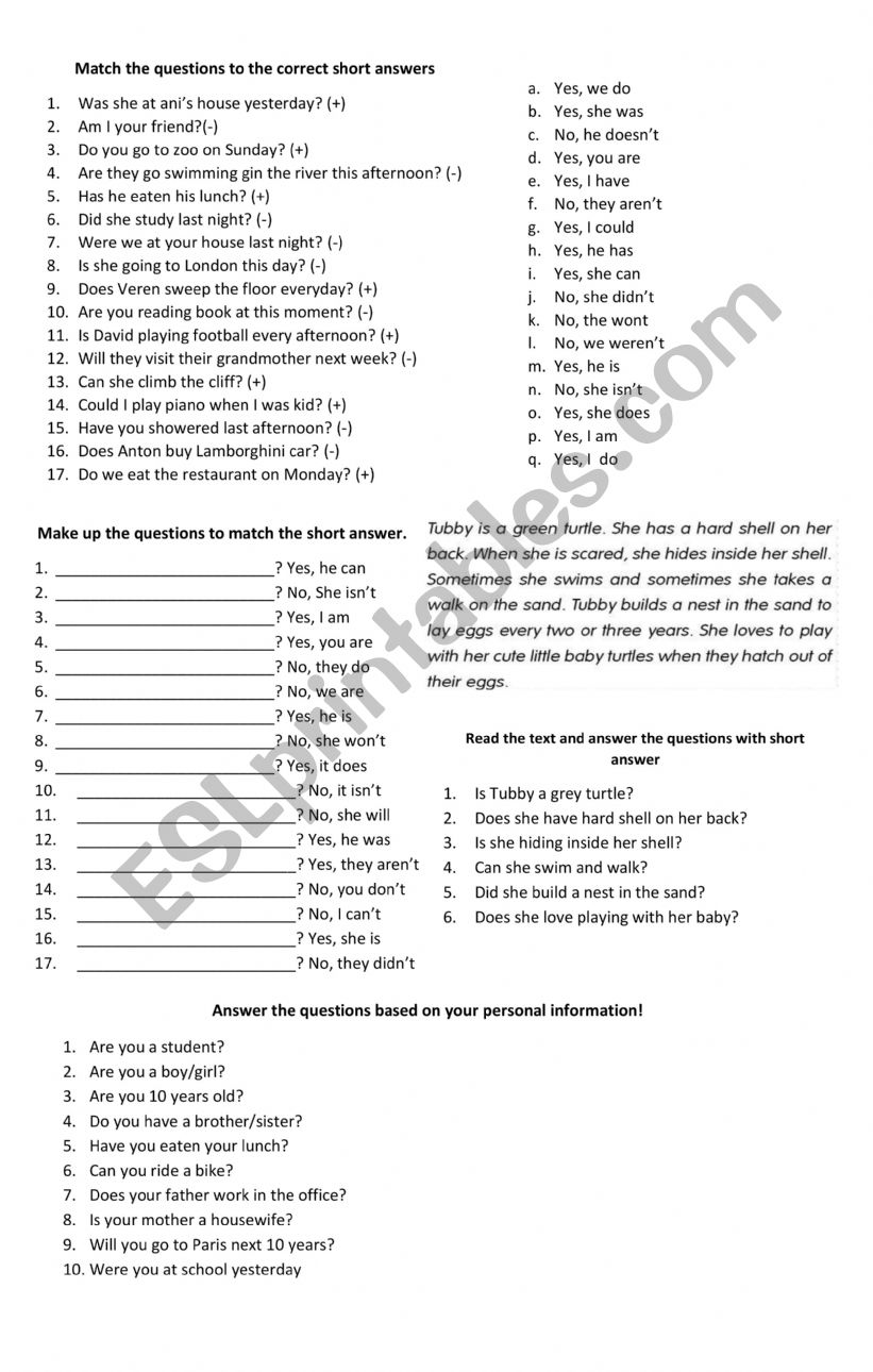 short answer question worksheet