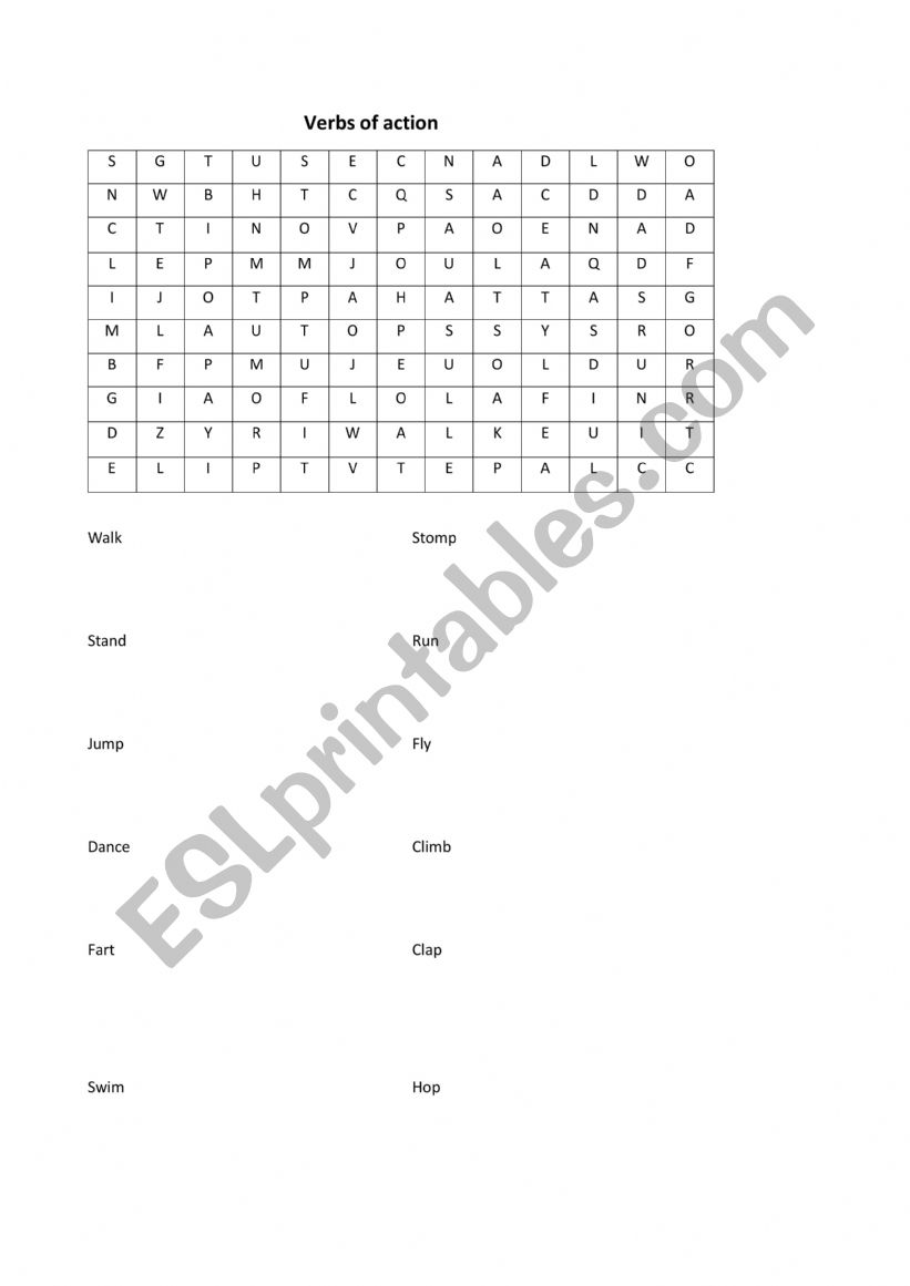 verbs of action word search worksheet