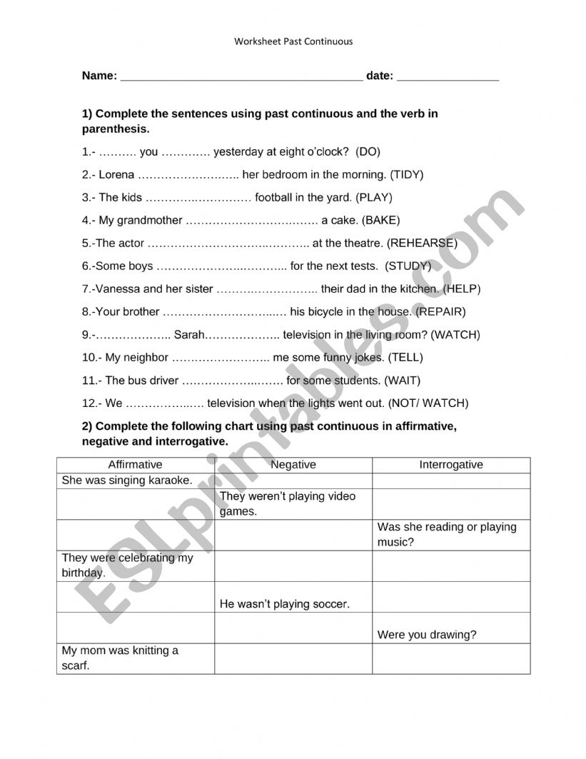 Past Continuos Worksheet worksheet